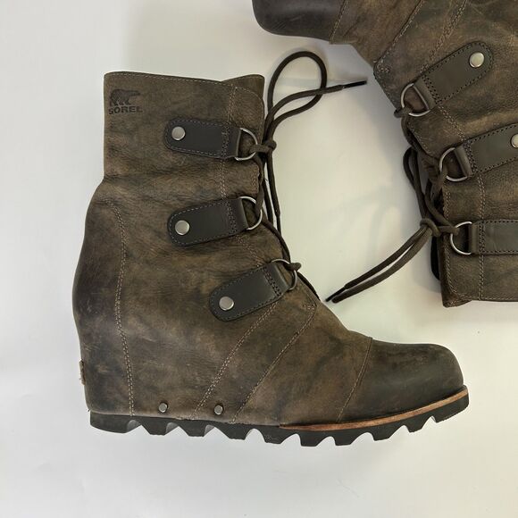 Sorel Womens Bootie Size 10 Dark Brown Joan Of Arctic Leather Wedge Boot Lace Up - Picture 2 of 12